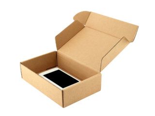 white smartphone in open beige brown carton box isolated on transparent
