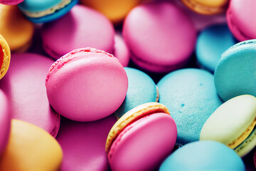 Fototapeta na wymiar close up colorful row delicious Macarons , generative art by A.I.