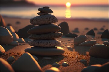  a stack of rocks sitting on top of a sandy beach next to the ocean at sunset with a setting sun in the background, with a small stack of rocks in the foreground.  generative ai