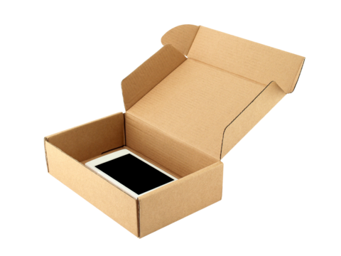 white smartphone in open beige brown carton box isolated on transparent
