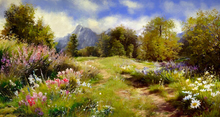 Fototapeta na wymiar Digital oil paintings landscape, spring in the mountains. Fine art, artwork
