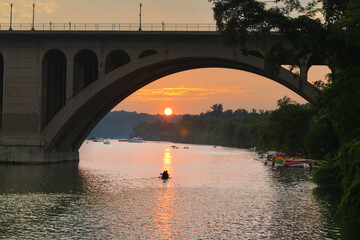 Key Bridge and kayak riders during sunset - Washington D.C. United States of America	