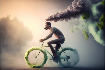  a man riding a bike with smoke coming out of the back of it and a green tire on the front of the bike, with a smoke billowing out of the back of the bike.  generative ai