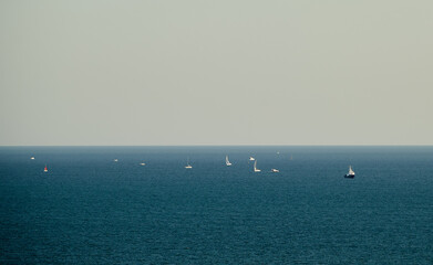 Sailboats and yachts in the open sea during the calm