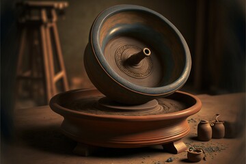  a large brown object sitting on top of a wooden table next to a wooden chair and a wooden easel with a wooden frame on it.  generative ai