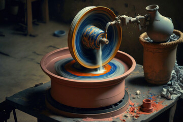  a spinning wheel on a table with a pot and a vase in the background and a clay pot on the table with a spout.  generative ai