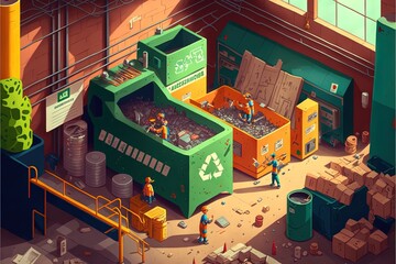  a group of people standing around a green recycling bin filled with trash and other things in a building with a large window on the side.  generative ai
