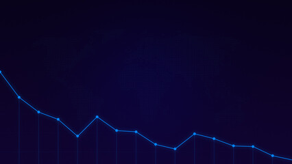 Simple descending light blue line graph on a dark blue background with pixelated world map. Abstract stock market analysis or finance concept background with copy space.