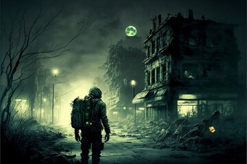 Zombie Apocalypse - A Deserted Town in Night Vision . - obrazy, fototapety, plakaty