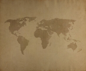 Fototapeta na wymiar World map on a weathered and aged paper. High resolution full frame textured paper background. Old looking, vintage world map.