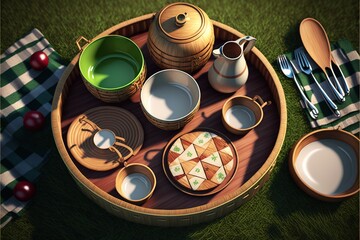  a wooden tray with dishes and cups on it on a green grass covered field with a picnic table cloth and utensils and a teapot.  generative ai