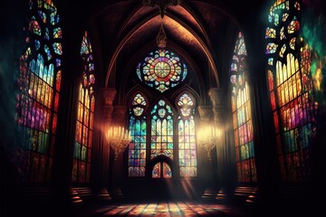 Fototapeta  a church with stained glass windows and a light shining through the window panes on the floor and the walls and ceiling is dark and the light is shining.  generative ai obraz