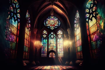 Foto op Canvas  a church with stained glass windows and a light shining through the window panes on the floor and the walls and ceiling is dark and the light is shining.  generative ai © Shanti