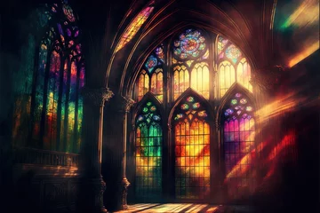 Deurstickers  a painting of a cathedral with stained glass windows and a light beam coming from the window into the floor below it, and a light coming from the window.  generative ai © Shanti