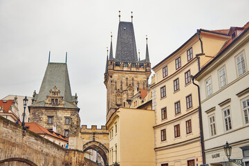 Fototapeta na wymiar Lesser Town Bridge Tower in Prague is entrace to Mala Strana from the Charles Bridge.