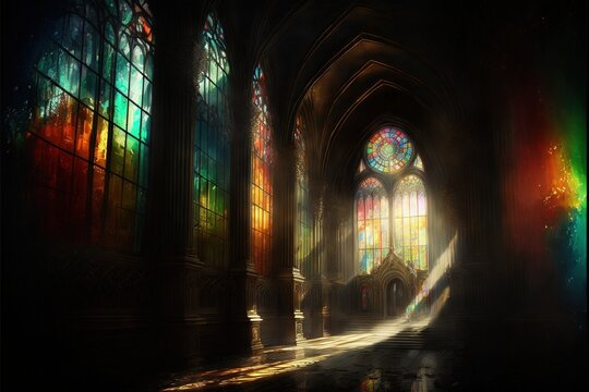  a painting of a church with stained glass windows and a long hallway leading to the alter of the church with a bright light coming through the windows.  generative ai