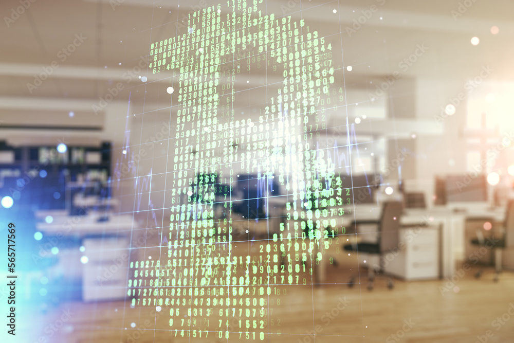 Poster double exposure of creative bitcoin symbol hologram on a modern furnished office interior background