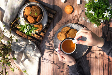 Spring black tea with oatmeal cookies on a dark wooden background with flowers. Spring has come concept. First  flowers. Horizontal spring composition. Flat lay. Top view. Photo with female hands. 