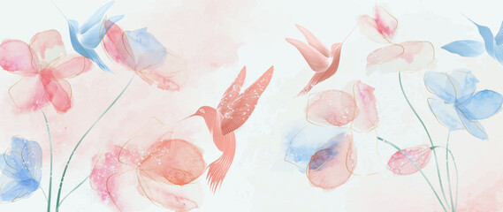 Luxury art background with pink and blue flowers and hummingbirds in a watercolor style with line art elements. Ink banner with botanical pattern for decor, wallpaper, interior design, textile, print. © VectorART