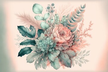 a bouquet of flowers with leaves and flowers on a pink background with a green border around it and a light pink background with a light blue border.  generative ai