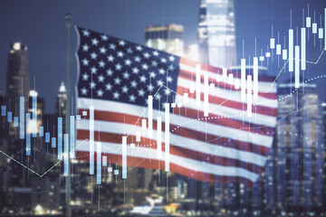 Multi exposure of virtual abstract financial graph interface on US flag and skyline background, financial and trading concept