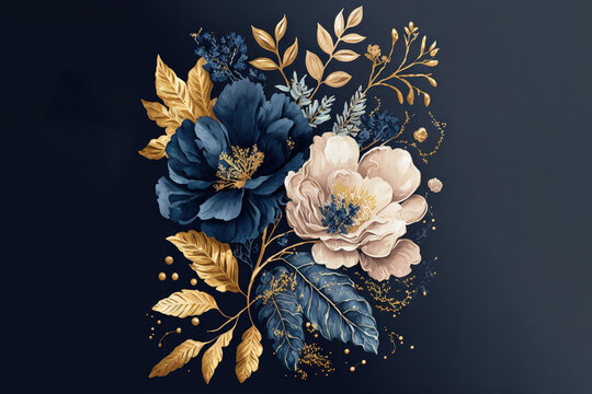  a painting of flowers on a dark background with gold leaves and berries on the bottom of the painting is a blue background with gold leaves and blue.  generative ai