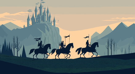 Medieval Knights Riding On Their Horses To A Castle In The Background. Vector Illustration