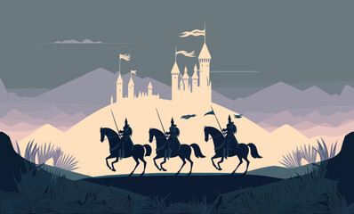 Medieval Knights Riding On Their Horses To A Castle In The Background. Vector Illustration