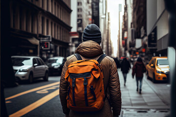 A tourist with a large backpack explores the city. Ai Generative
