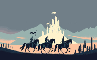 Medieval Knights Riding On Their Horses To A Castle In The Background. Vector Illustration