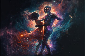 Fototapeta premium a couple dancing in the space with stars and a blue background with a red dress and a blue and purple background with a star cluster. generative ai