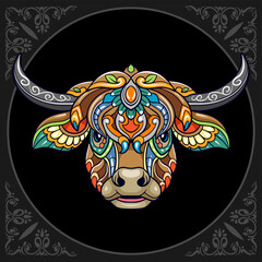 Colorful cow head mandala arts isolated on black background