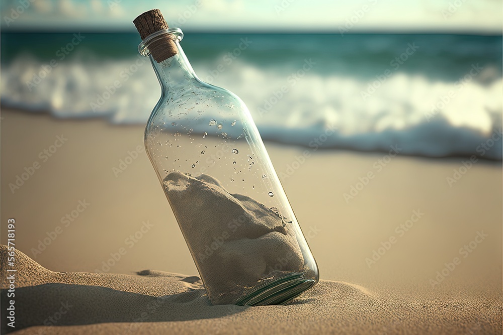 Wall mural a bottle with sand inside sitting on a beach near the ocean and waves coming in from the ocean shore