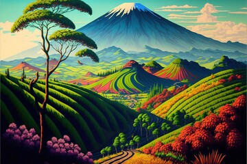  a painting of a mountain with a road going through it and trees in the foreground and a road running through it, with a green field and a mountain in the background.  generative ai