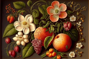 Obraz na płótnie Canvas a painting of fruit and flowers on a brown background with a gold frame around it and a brown border around the edges of the picture. generative ai