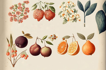  a vintage illustration of fruit and flowers from the early 20th century, including oranges, pears, and oranges, with names of each fruit and flowers.  generative ai