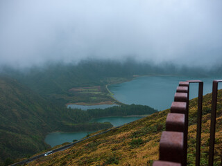 View of volcano crater (Lagoa do Fogo) on cloudy day. San Miguel island Portugal.