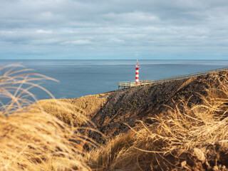 Lighthouse on the coast of  San Miguel island in the Azores Portugal. 