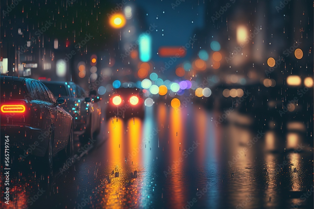 Poster a city street at night with cars parked on the side of the road and a rain soaked street with lights