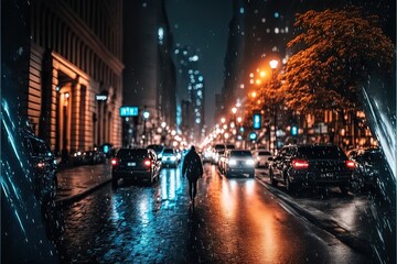 a person walking down a street in the rain at night with a car and a building in the background with lights on and a person walking on the sidewalk.  generative ai