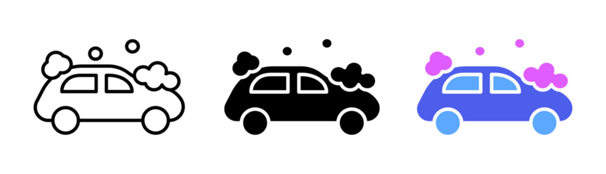 Car wash set icon. 24 to 7, rag, sponge, detergent, garage, karcher, cleanliness, salon, vacuum cleaner. Vector icon in line, black and colorful style on white background