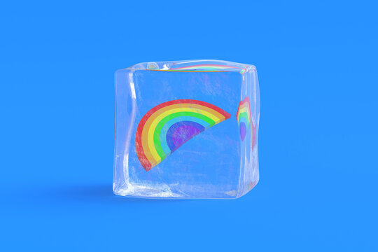 Rainbow logic toy in ice cube. 3d illustration