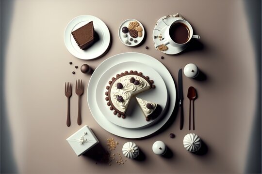  a plate with a piece of cake on it next to a cup of coffee and a plate with a slice of cake on it and a plate with a fork.  generative ai