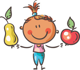 Funny sketchy kid with fruits - apple and pear.