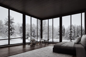 Dark Moody Modern Bedroom Interior with Winter Forest Views Made with Generative AI