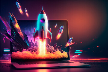 Laptop with a rocket taking off. Concept of earning money online, working in digital business, entrepreneurship, cryptocurrency, investment, digital marketing. Generative AI. - obrazy, fototapety, plakaty