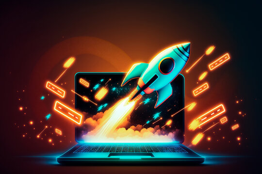 Successful start up launch new business project. Laptop with rocket taking off from the screen. Digital business, launching new product, entrepreneurship, investments, success strategy. Generative AI.