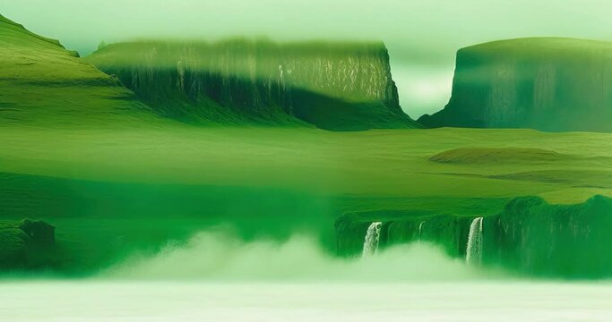 green mossy irish rocky scenic landscape huge waterfall volumetric lighting  backlit  atmospheric fog extremely windy soft animation