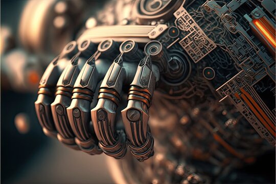 A detailed macro shot of an industrial robot's hand, focusing on the intricate machinery and sensors that allow it to manipulate and sort products with precision. Generative AI