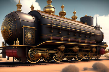 Generative AI: Metal steampunk train with mechanism and metal. Abstract texture illustration